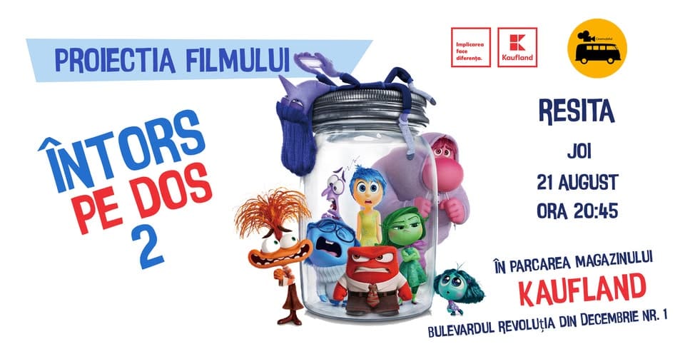 Cinema sub stele în Reșița: Cinemobilul aduce „Întors pe dos 2” (Pixar) în parcarea Kaufland