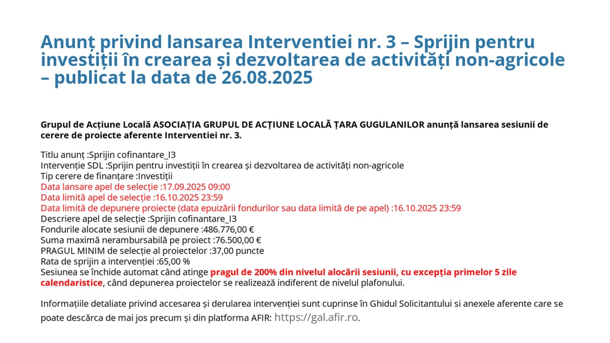 Dezvoltare economică locală: Fonduri europene nerambursabile pentru microîntreprinderi în Țara Gugulanilor